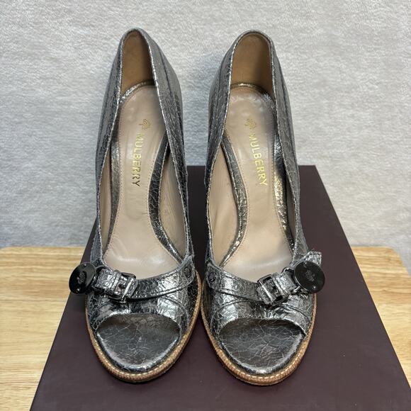 Mulberry Bayswater Peep Toe Cracked Metallic Silver Block Heel Pump EU Size 38.5 - Picture 8 of 16